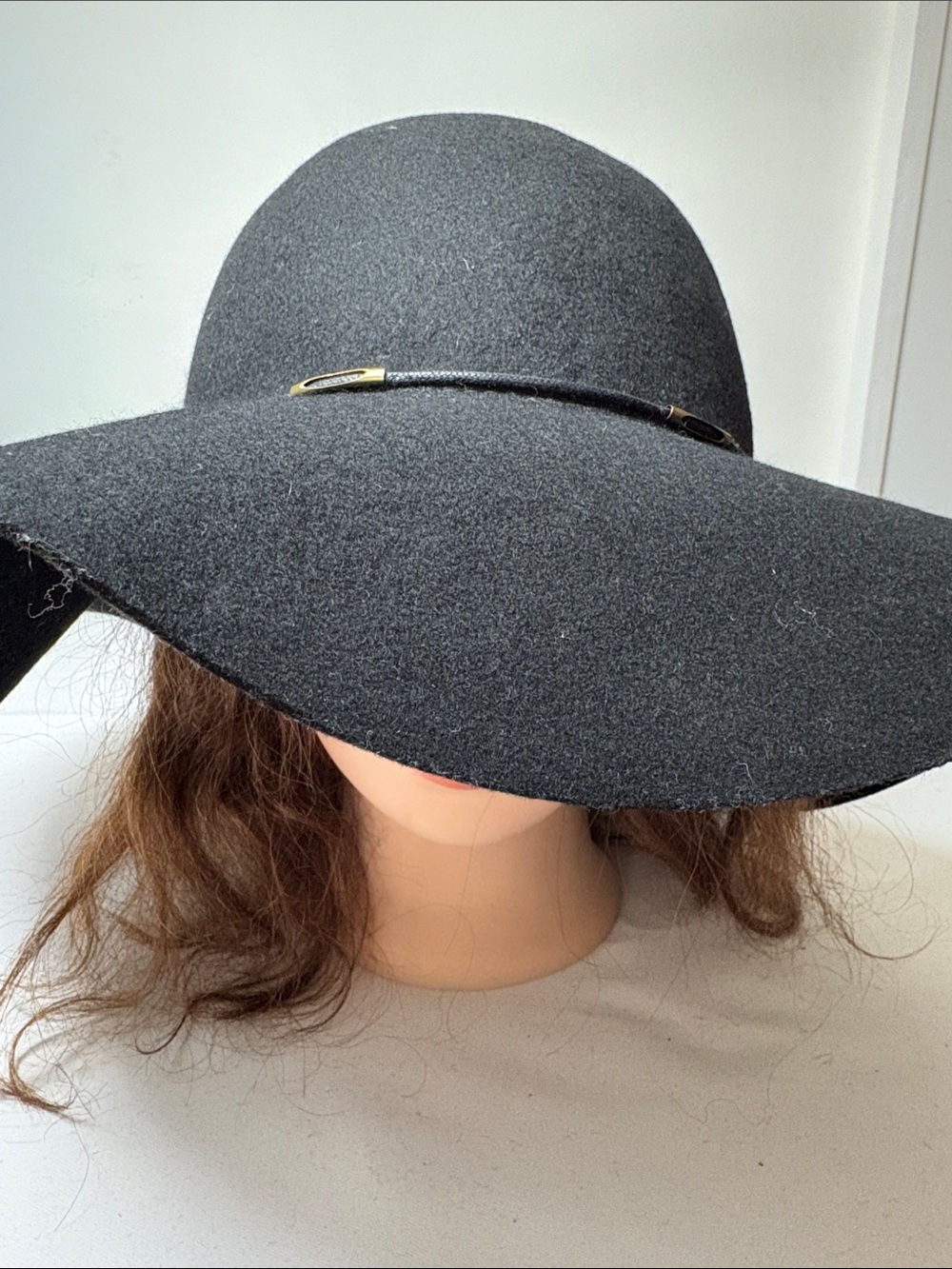 Scala Black Wool Floppy Hat With Faux Leather and brass Tone Band One Size